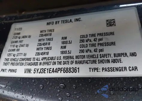 2023 Tesla Model 3 Rear-Wheel Drive from USA, damaged, VIN 5YJ3E1EA4PF688361